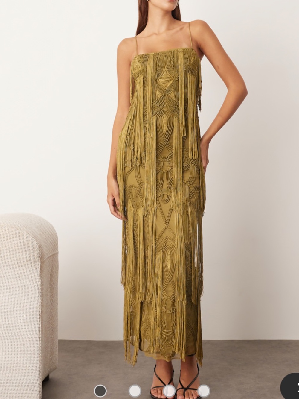 Olive Fringe Midi Dress with Beaded Detailing